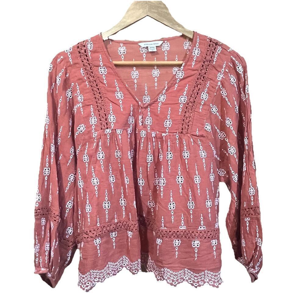 American Eagle Cotton Eyelet Crochet Boho Embroidered Top M Relaxed Cottage